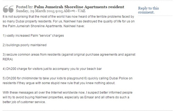A comment from a not-very-happy Nakheel property resident on the Palm
